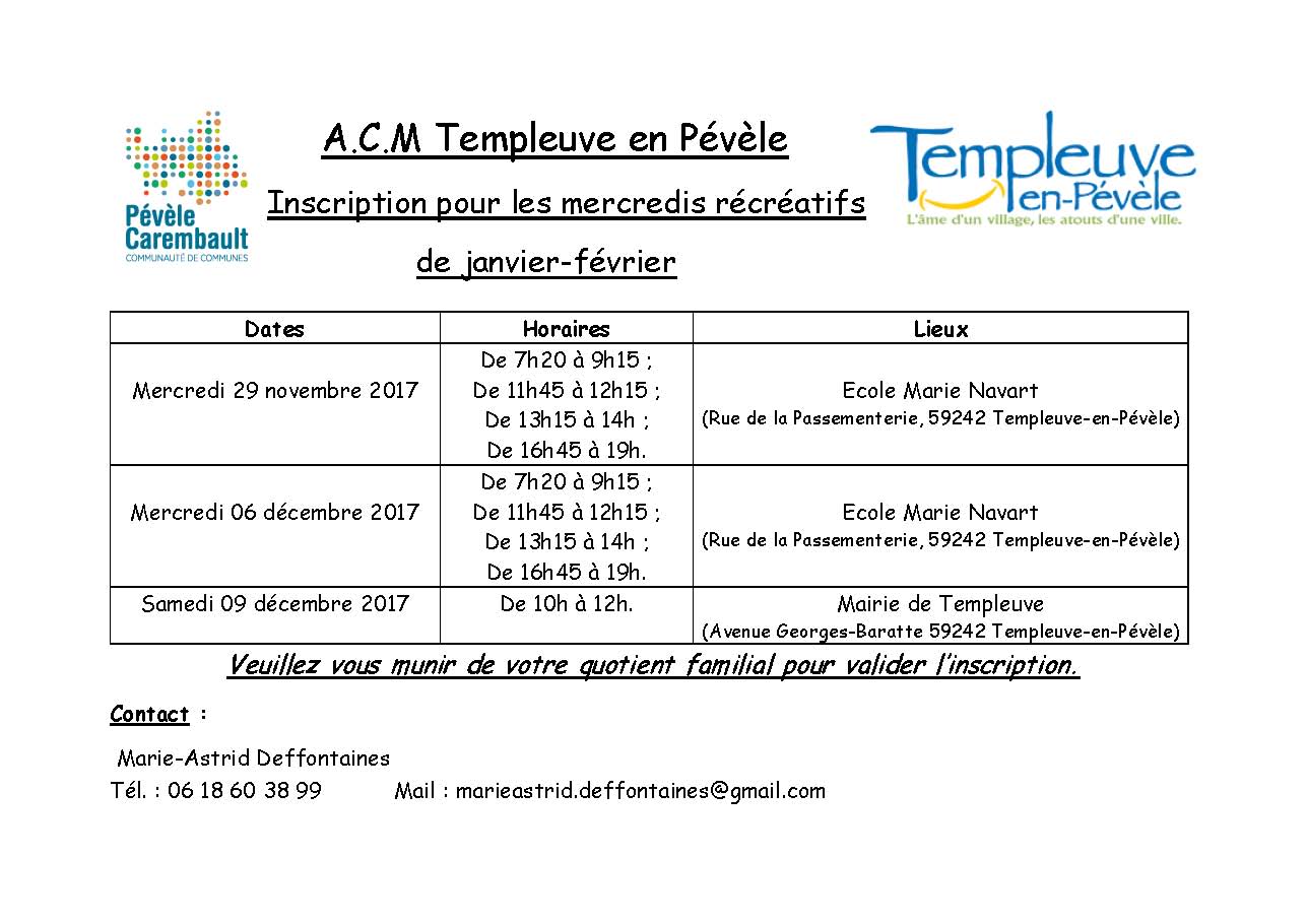 A.C.M Templeuve en Pévèle :  Inscription pour les mercredis récréatifs de janvier-février