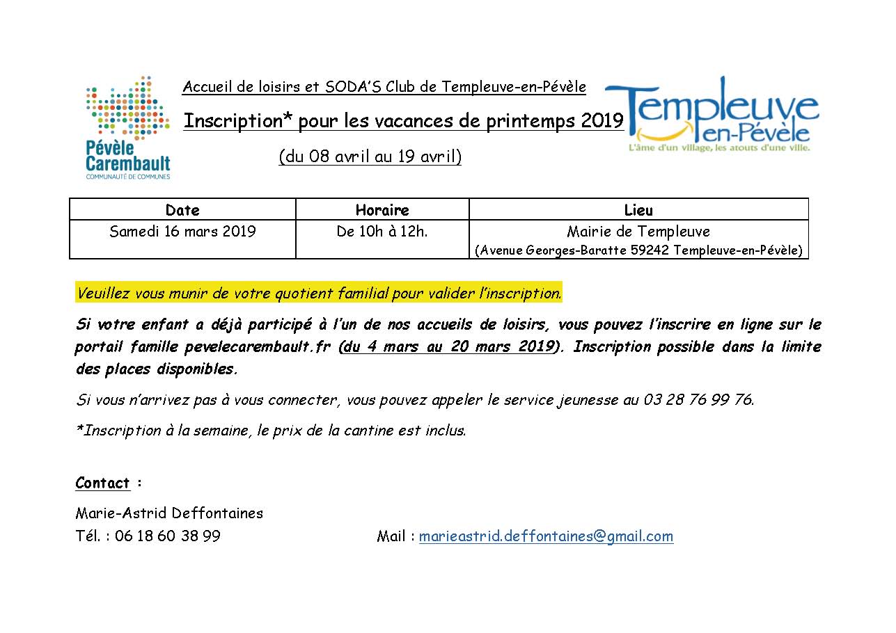 Inscription pour ACM des vacances de printemps