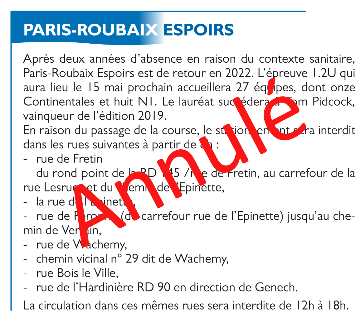 Annulation de la 53ème édition du Paris-Roubaix espoirs