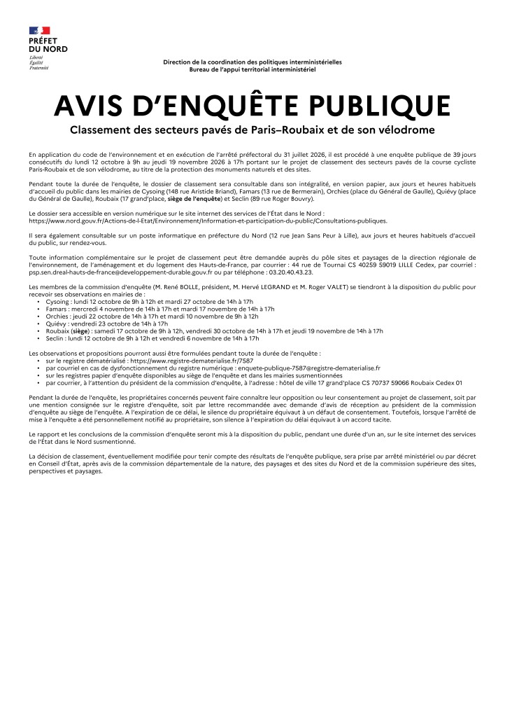 Avis enquête publique - Pavé Paris Roubaix